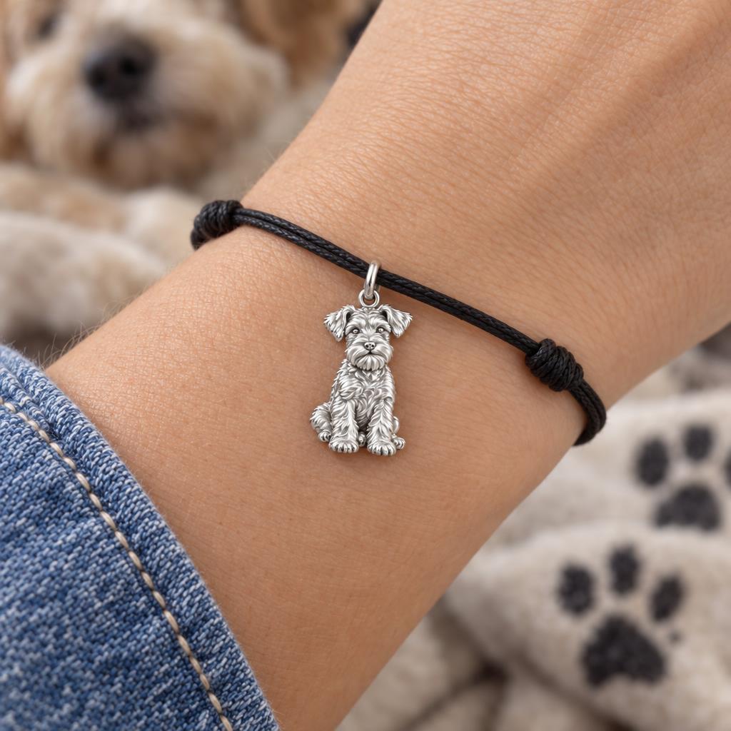 Adorable Mini Schnauzer Silver Charm – Personalized Dog Mom – worn on the wrist on a black cord bracelet