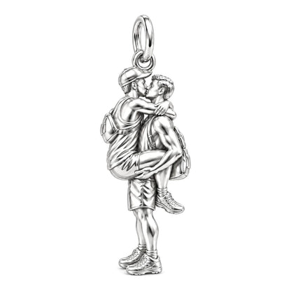 Adventurous Love Embrace Charm Bracelet – Personalized Gay Couple Gift – silver charm, front view