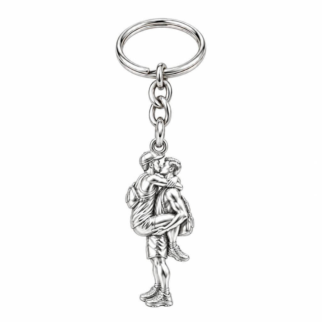 Adventurous Love Embrace Charm Keychain – silver, front view
