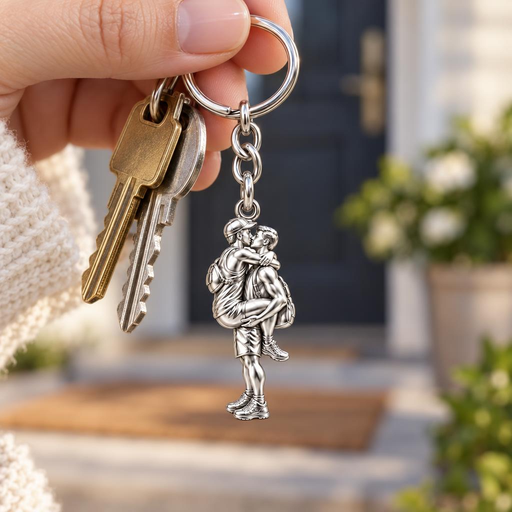 Adventurous Love Embrace Charm Keychain – worn / in use