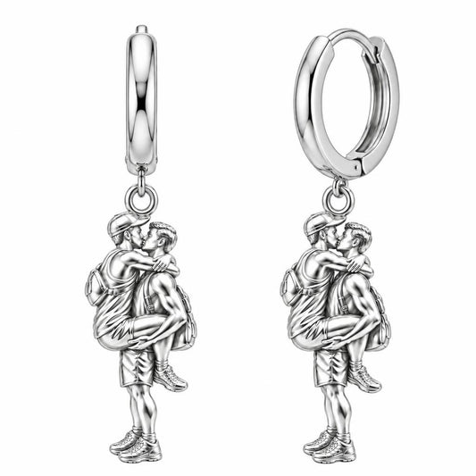Adventurous Love Embrace Huggie Charm Earrings – silver, front view