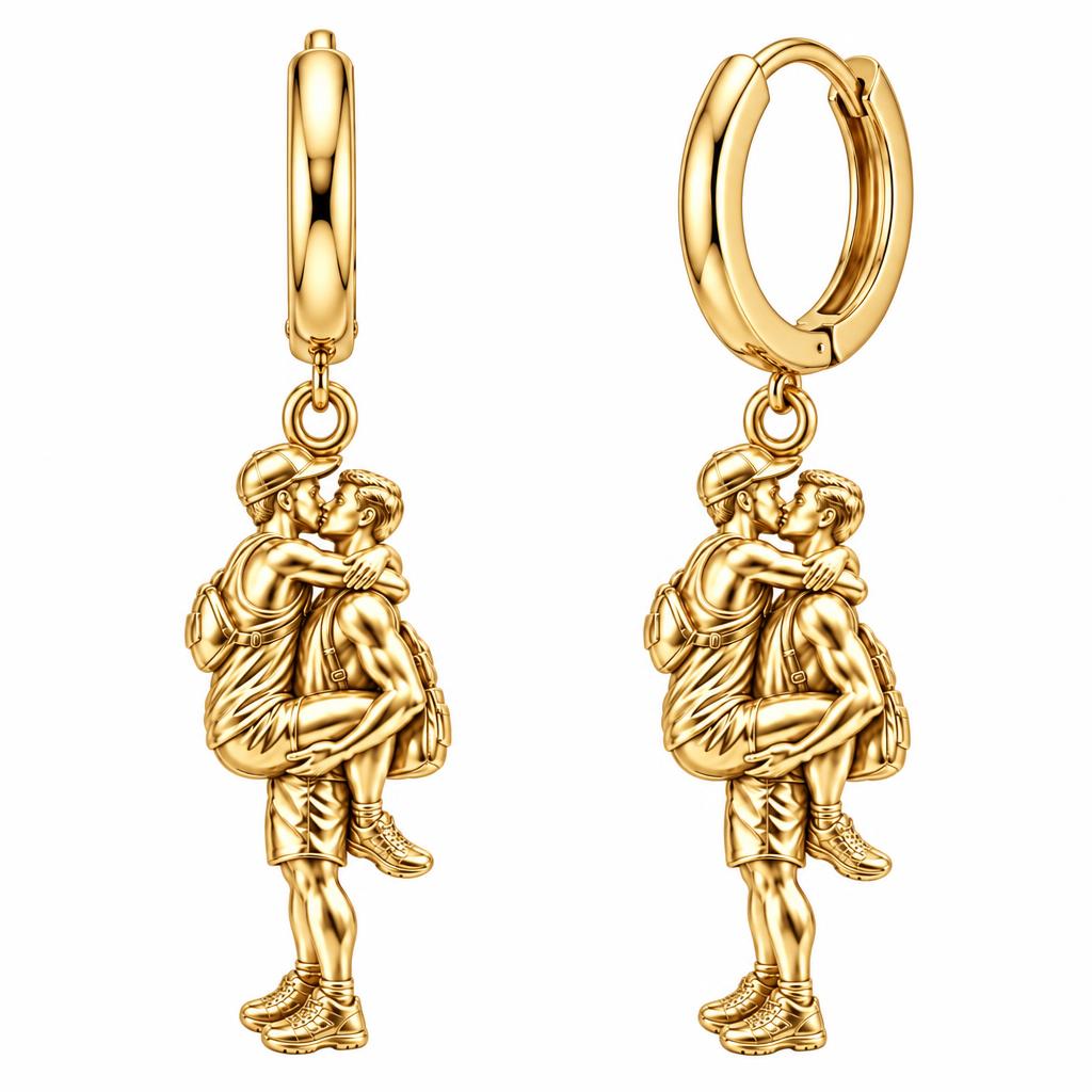 Adventurous Love Embrace Huggie Charm Earrings – 18K gold, front view