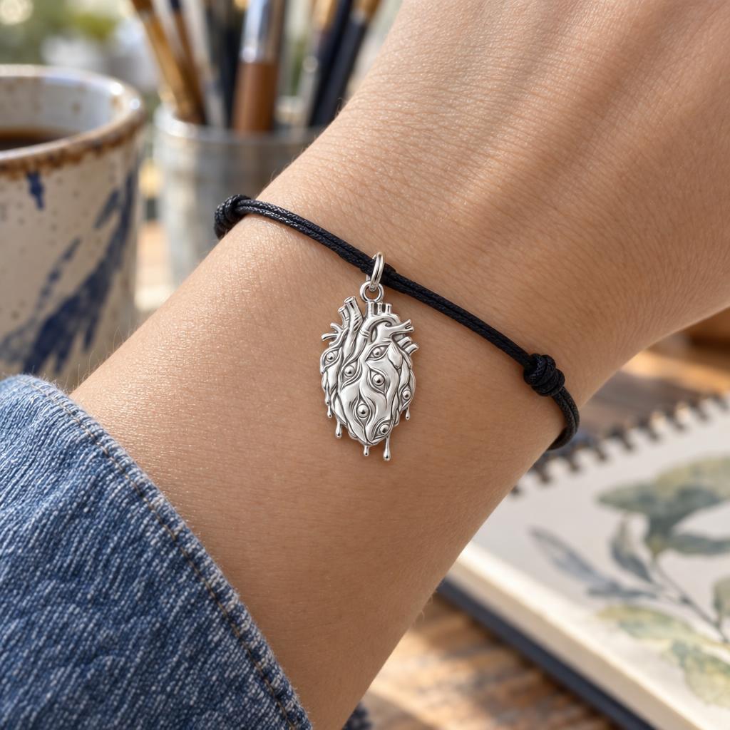 All-Seeing Heart Charm Bracelet – Personalized Artist Gift – worn on the wrist on a black cord bracelet