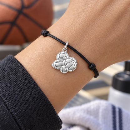 All Star Sports Medley Charm Bracelet – Personalized Mom Gift – worn on the wrist on a black cord bracelet