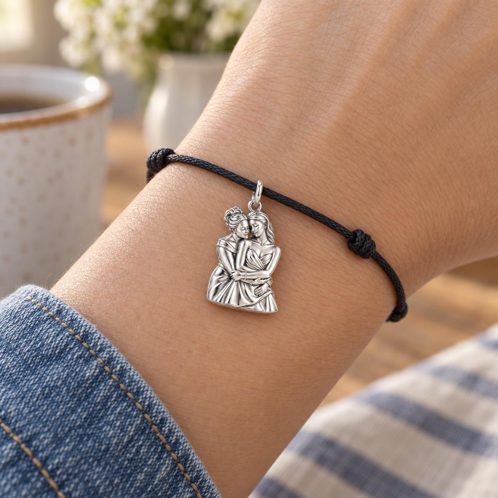 Always by Your Side Charm Bracelet – Personalized Mom Gift – worn on the wrist on a black cord bracelet
