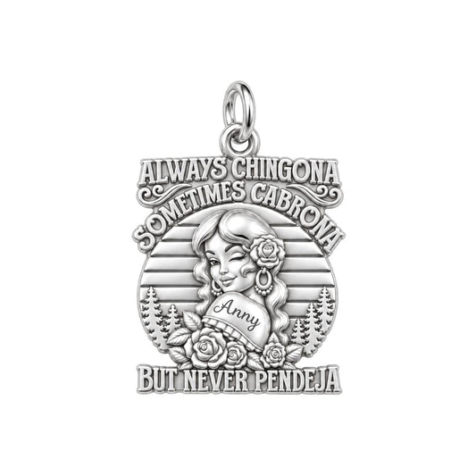Always Chingona Charm Bracelet – Personalized Latina Gift – silver plated 3 cm charm, front view