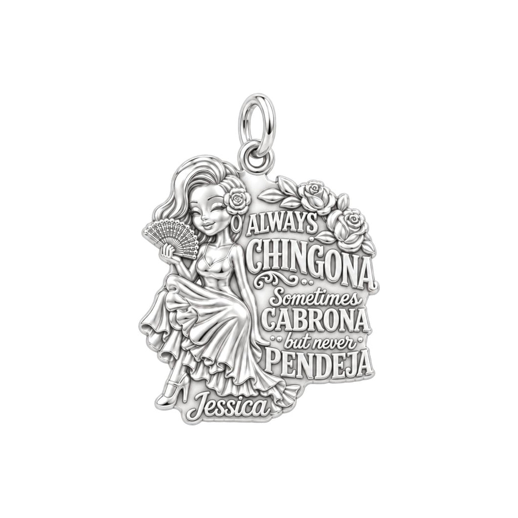 Always Chingona Charm Bracelet – Personalized Latina Gift – silver plated 3 cm charm, front view