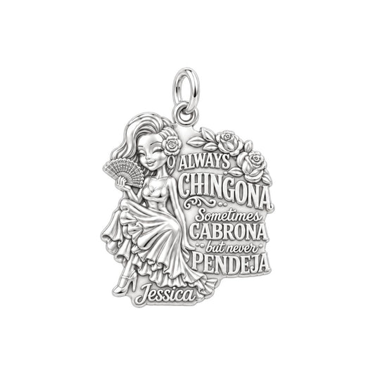Always Chingona Charm Bracelet – Personalized Latina Gift – silver plated 3 cm charm, front view