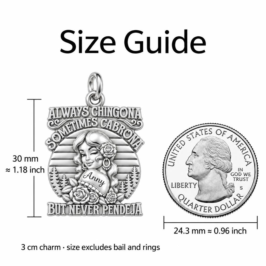 Always Chingona Charm Bracelet – Personalized Latina Gift – size guide, 3 cm charm next to a quarter