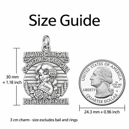 Always Chingona Charm Bracelet – Personalized Latina Gift – size guide, 3 cm charm next to a quarter