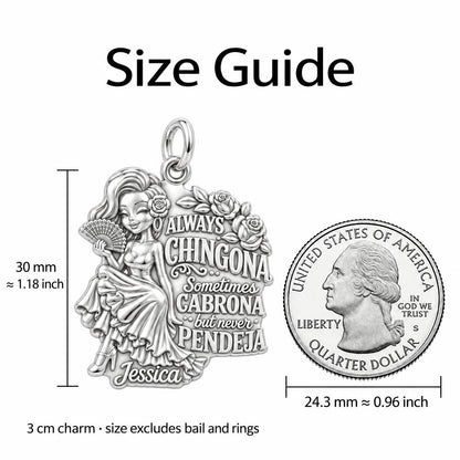 Always Chingona Charm Bracelet – Personalized Latina Gift – size guide, 3 cm charm next to a quarter