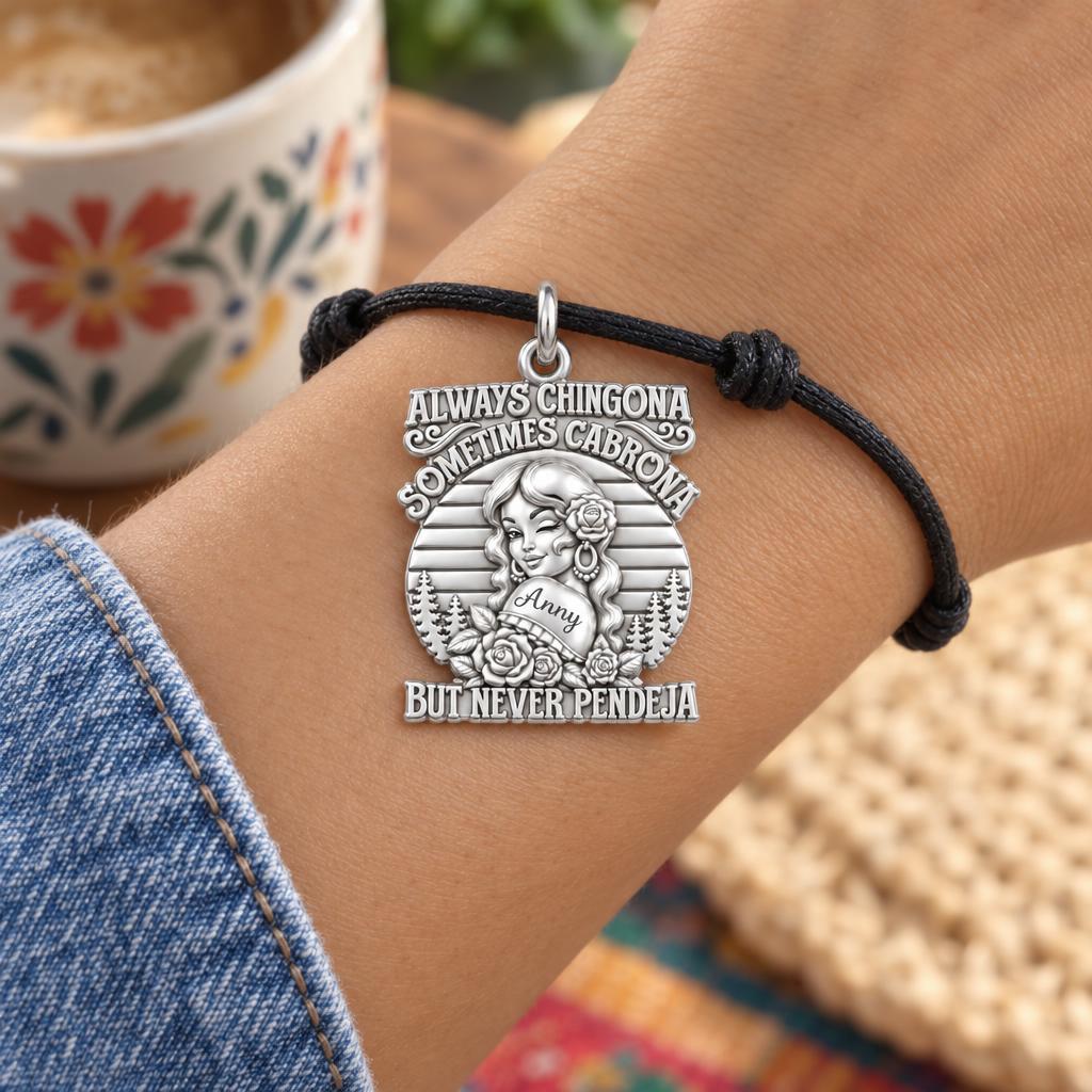 Always Chingona Charm Bracelet – Personalized Latina Gift – worn on the wrist on a black cord bracelet