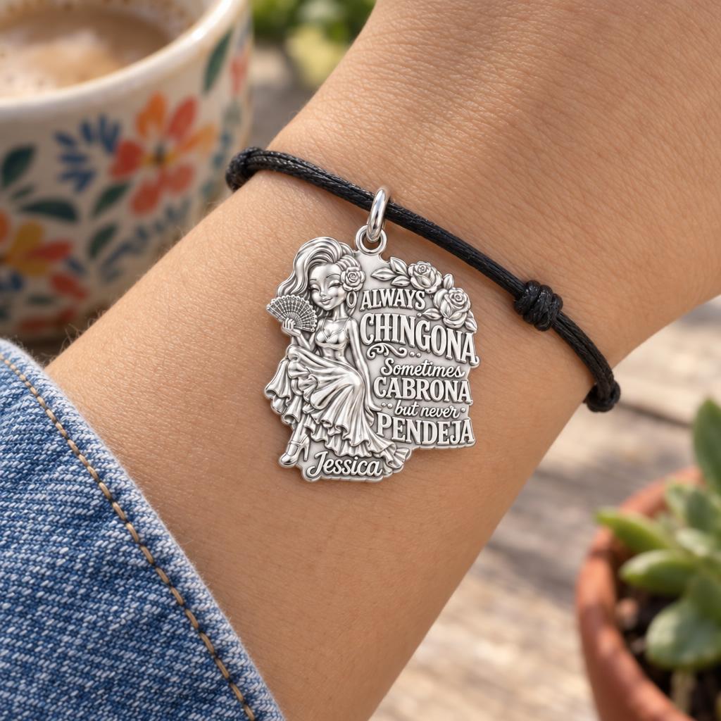 Always Chingona Charm Bracelet – Personalized Latina Gift – worn on the wrist on a black cord bracelet