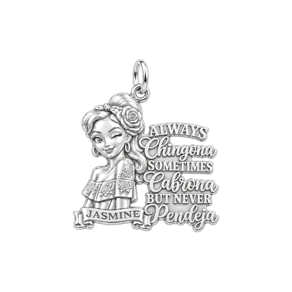 Always Chingona Rose Charm Bracelet – Personalized Latina Gift – silver plated 3 cm charm, front view