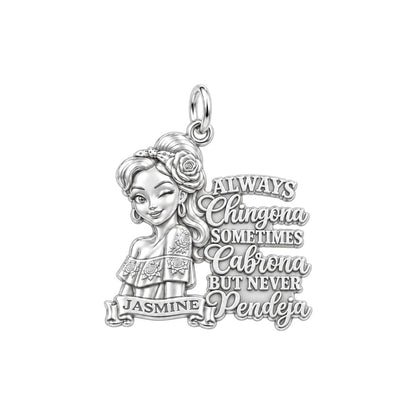 Always Chingona Rose Charm Bracelet – Personalized Latina Gift – silver plated 3 cm charm, front view