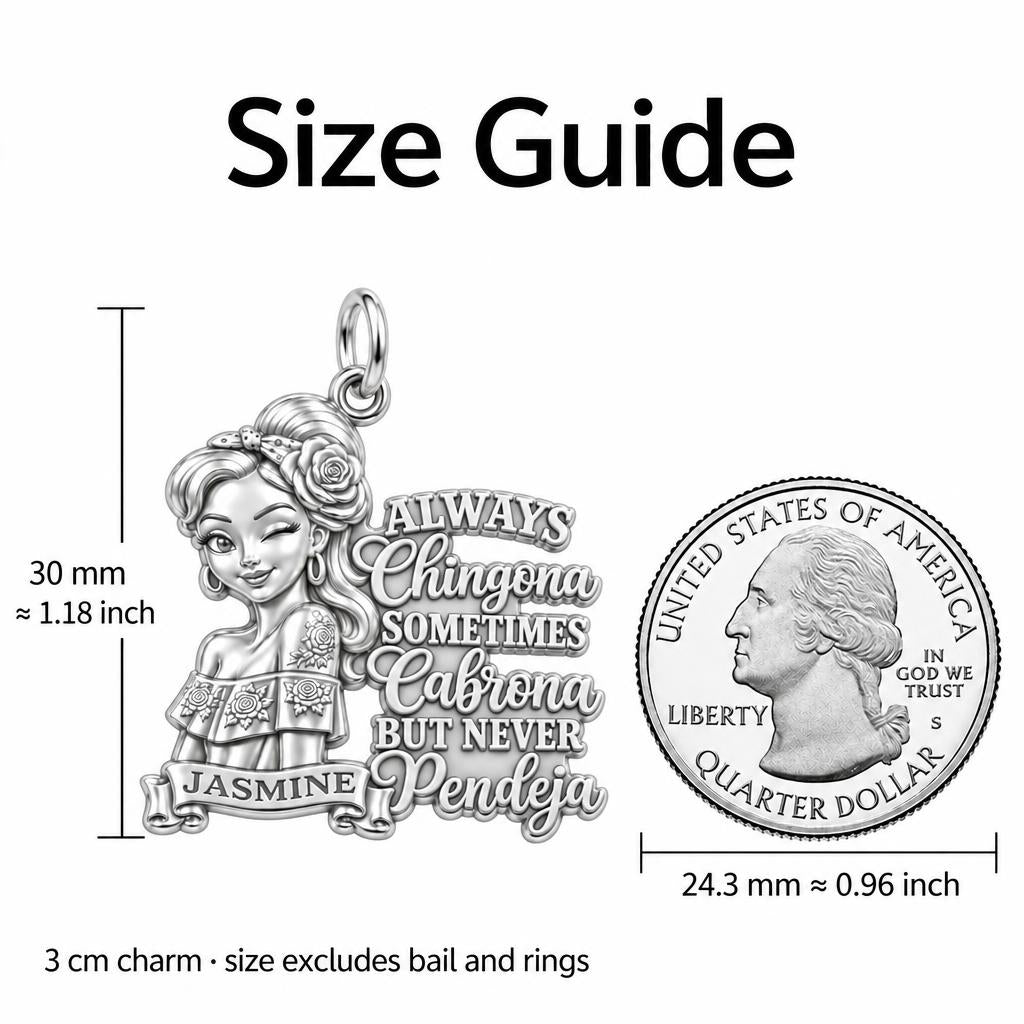 Always Chingona Rose Charm Bracelet – Personalized Latina Gift – size guide, 3 cm charm next to a quarter