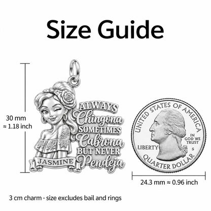 Always Chingona Rose Charm Bracelet – Personalized Latina Gift – size guide, 3 cm charm next to a quarter