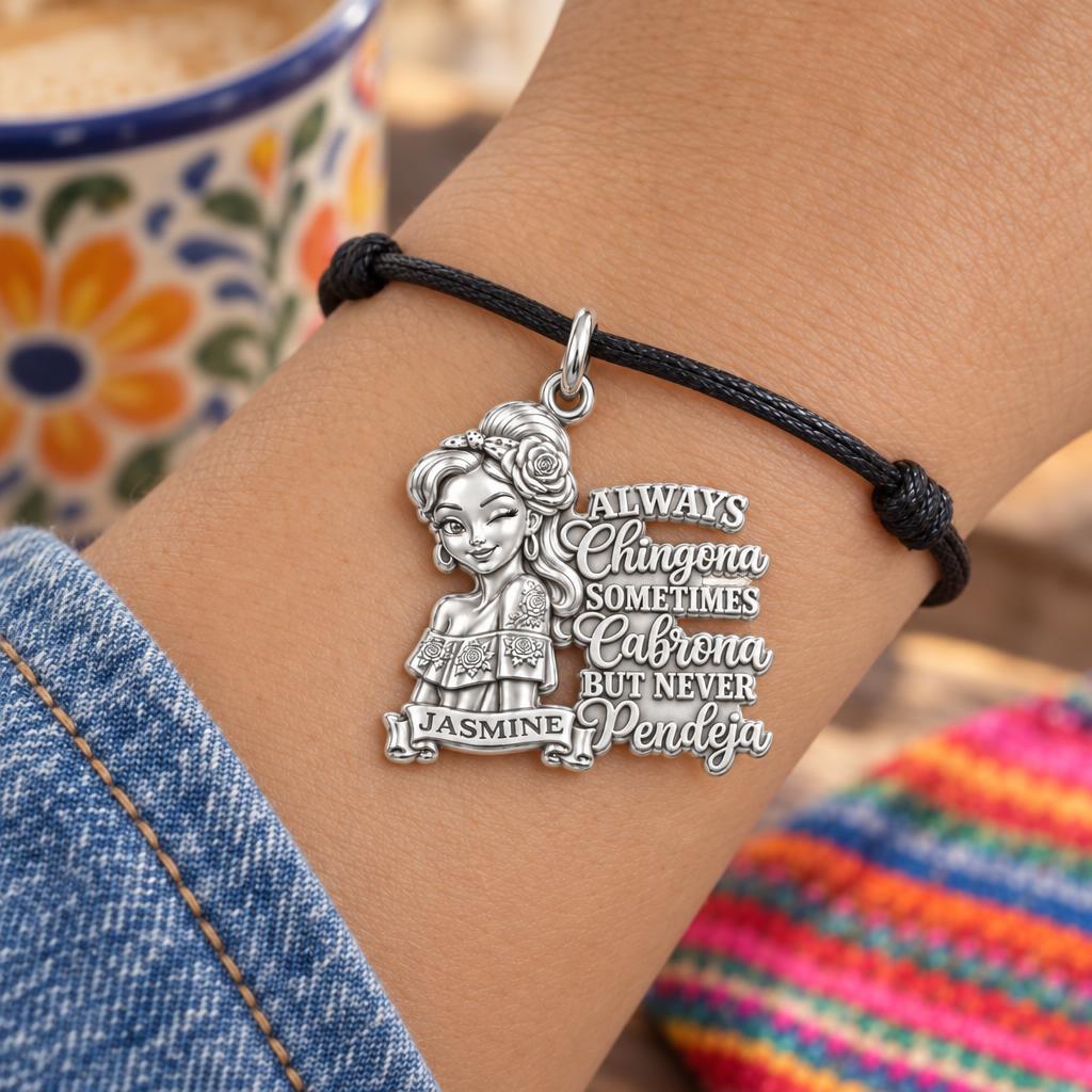 Always Chingona Rose Charm Bracelet – Personalized Latina Gift – 18K gold plated 3 cm charm, front view