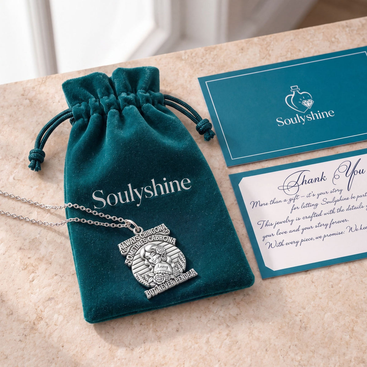 Always Chingona Rose Charm Necklace Set – Soulyshine velvet pouch and gift card