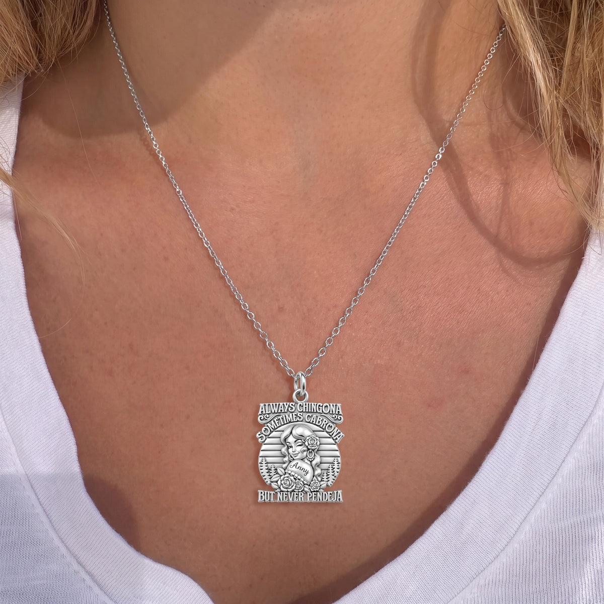 Always Chingona Rose Charm Necklace Set – worn / in use