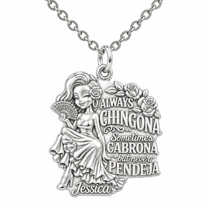 Always Chingona Rose Charm Necklace Set – silver, front view