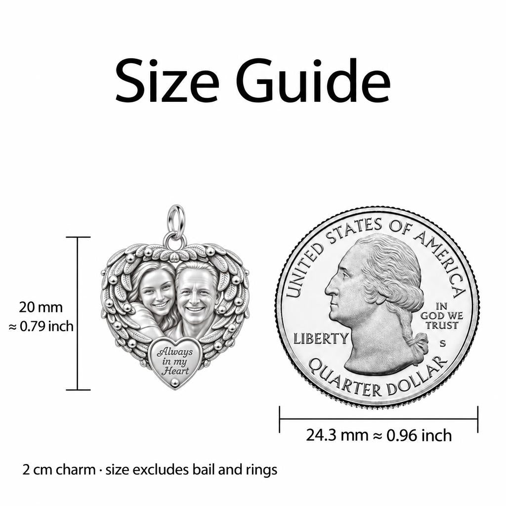 Always In My Heart Charm Bracelet – Personalized Memorial Gift – size guide, 2 cm charm next to a quarter
