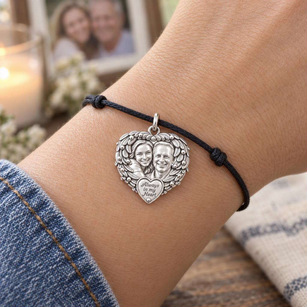 Always In My Heart Charm Bracelet – Personalized Memorial Gift – worn on the wrist on a black cord bracelet