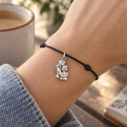 Always Lean On Me Charm Bracelet – Personalized Mom Gift – worn on the wrist on a black cord bracelet