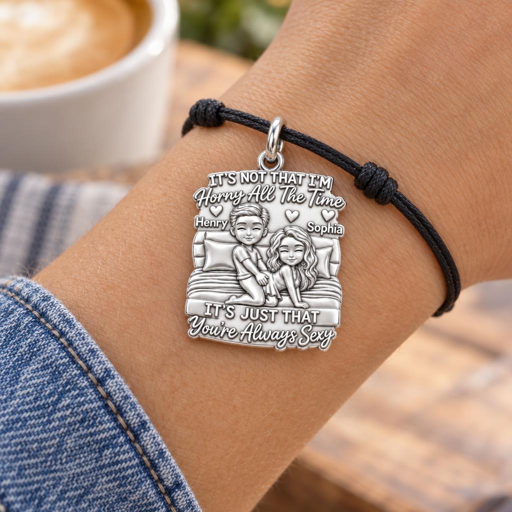 Always Sexy Couple Charm Bracelet – Personalized Couple Gift – worn on the wrist on a black cord bracelet