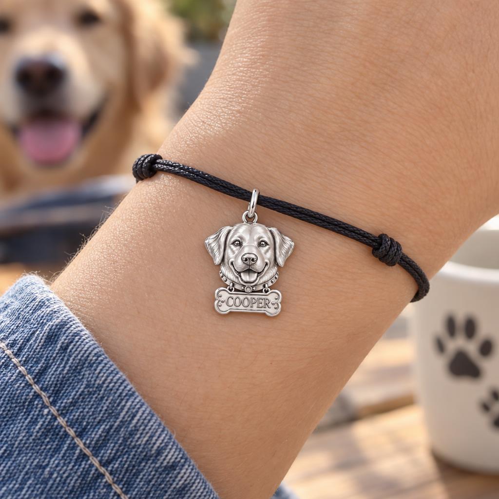 Always Smiling Pet Portrait Charm Bracelet – Personalized Dog Mom Gift – worn on the wrist on a black cord bracelet