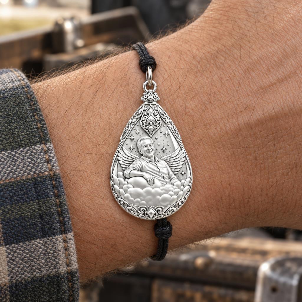 Always With You Angel Charm Bracelet – Personalized Memorial Gift – worn on the wrist on a black cord bracelet