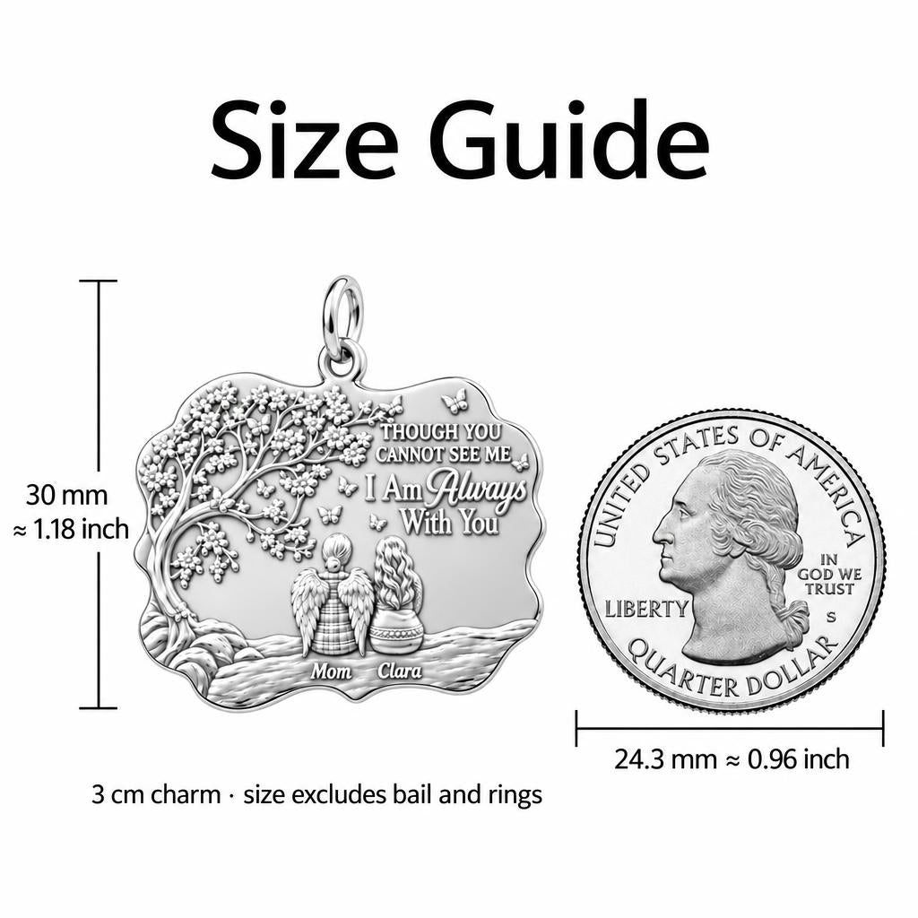 Always With You Angel Charm Bracelet – Personalized Mom Gift – size guide, 3 cm charm next to a quarter