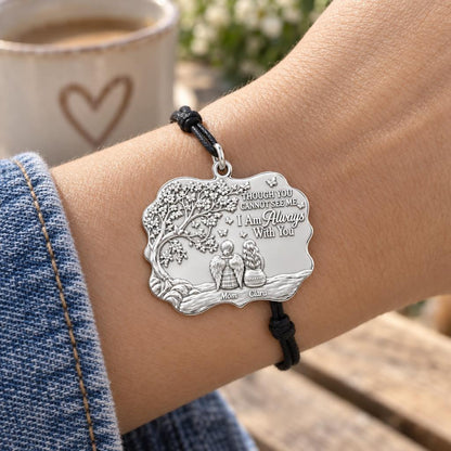 Always With You Angel Charm Bracelet – Personalized Mom Gift – worn on the wrist on a black cord bracelet