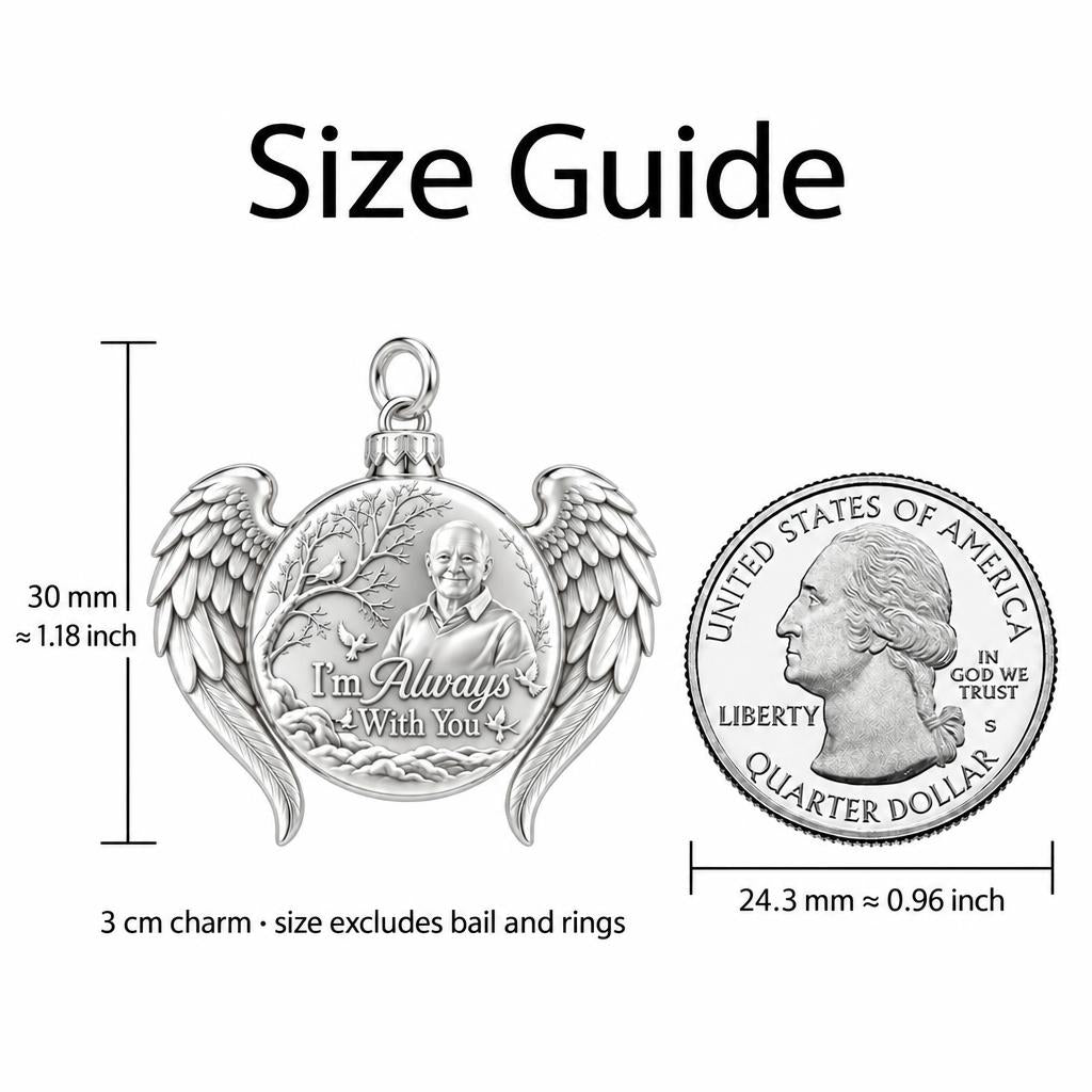 Always With You Angel Wings Charm Bracelet – Personalized Memorial – size guide, 3 cm charm next to a quarter