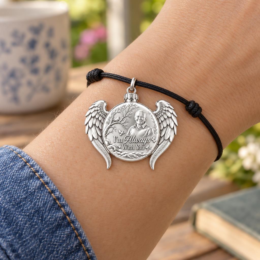 Always With You Angel Wings Charm Bracelet – Personalized Memorial – worn on the wrist on a black cord bracelet