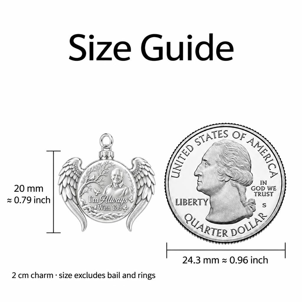 Always With You Angel Wings Charm Necklace Set – size guide, 13 mm charm next to a quarter