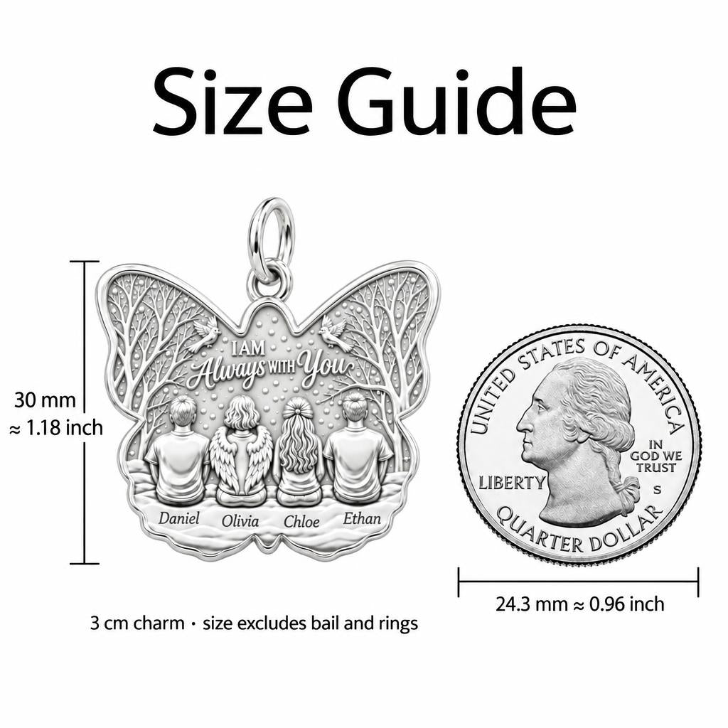 Always With You Butterfly Charm Bracelet – Personalized Family Gift – size guide, 3 cm charm next to a quarter