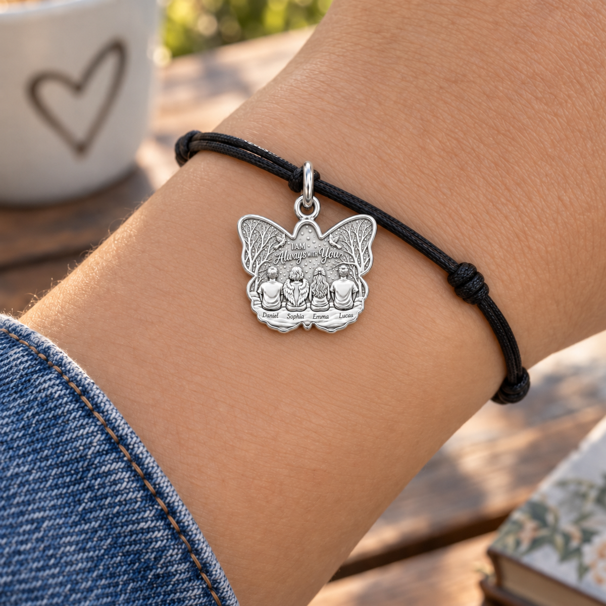 Always With You Butterfly Charm Bracelet – Personalized Family Gift – worn on the wrist on a black cord bracelet