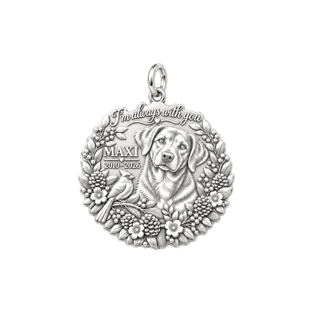 Always With You Cardinal Charm Bracelet – Personalized Dog Mom Gift – silver plated 2 cm charm, front view
