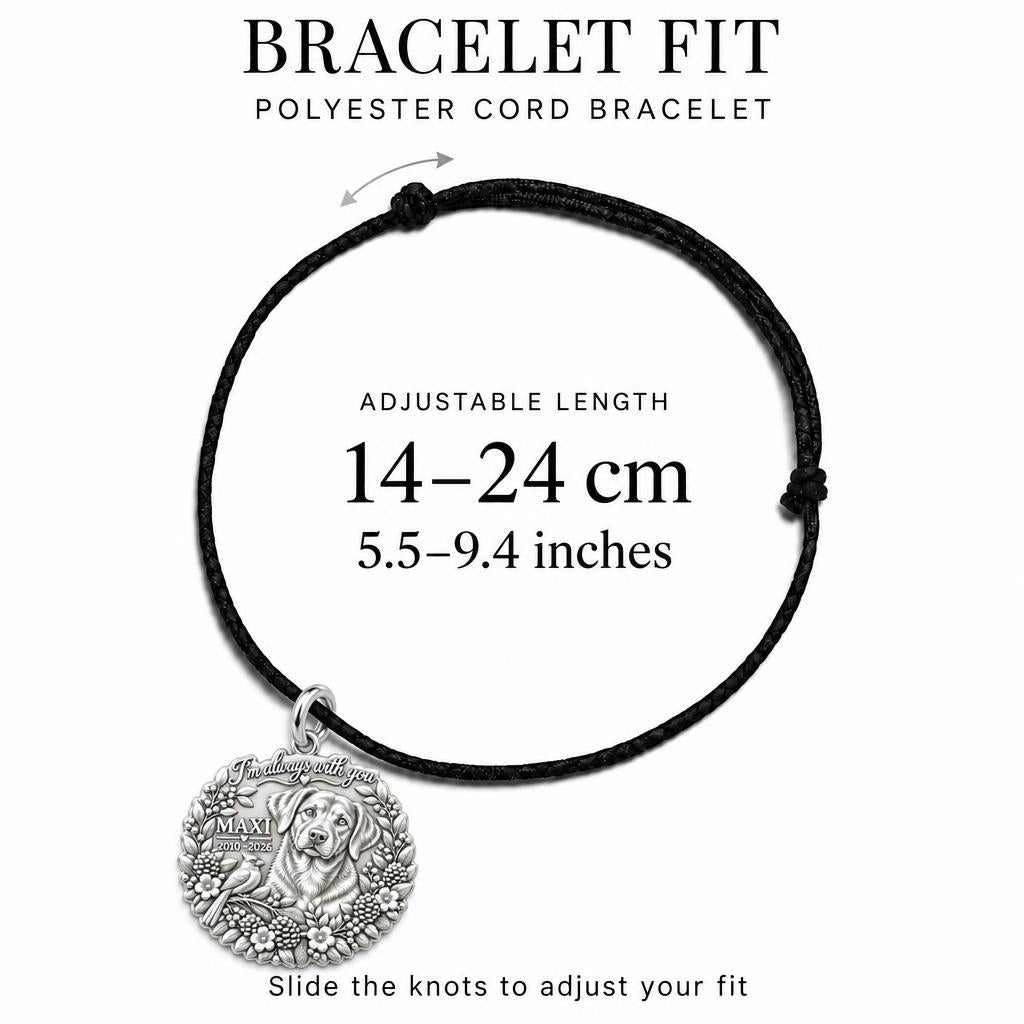 Always With You Cardinal Charm Bracelet – Personalized Dog Mom Gift – adjustable black cord bracelet, 14–24 cm