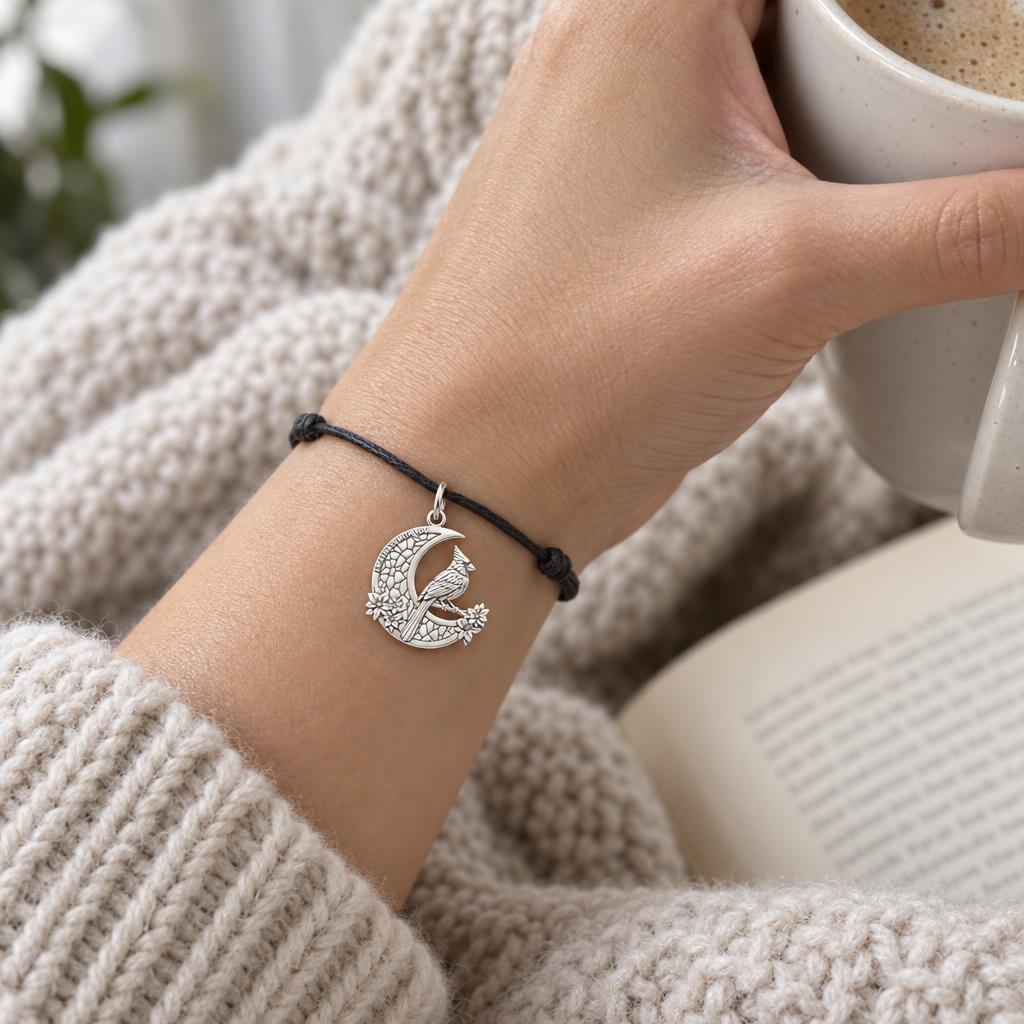 Always With You Cardinal Moon Charm and Polyester Cord Bracelet Set – worn on the wrist on a black cord bracelet