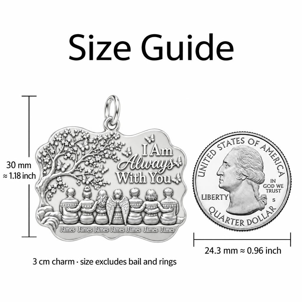 Always With You Family Charm Bracelet – Personalized Family Gift – size guide, 3 cm charm next to a quarter