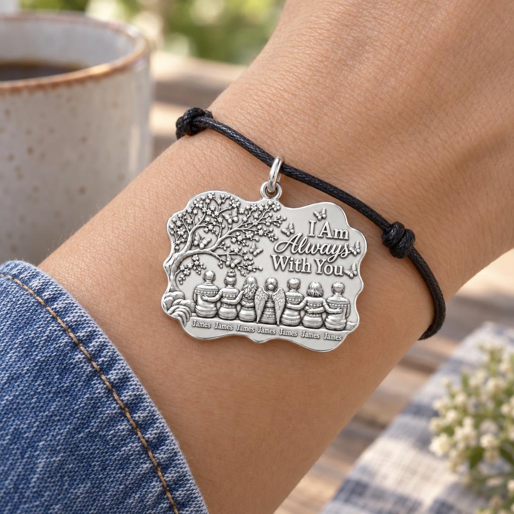 Always With You Family Charm Bracelet – Personalized Family Gift – worn on the wrist on a black cord bracelet