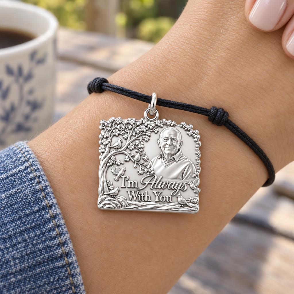Always With You Portrait Charm Bracelet – Personalized Mom Gift – worn on the wrist on a black cord bracelet