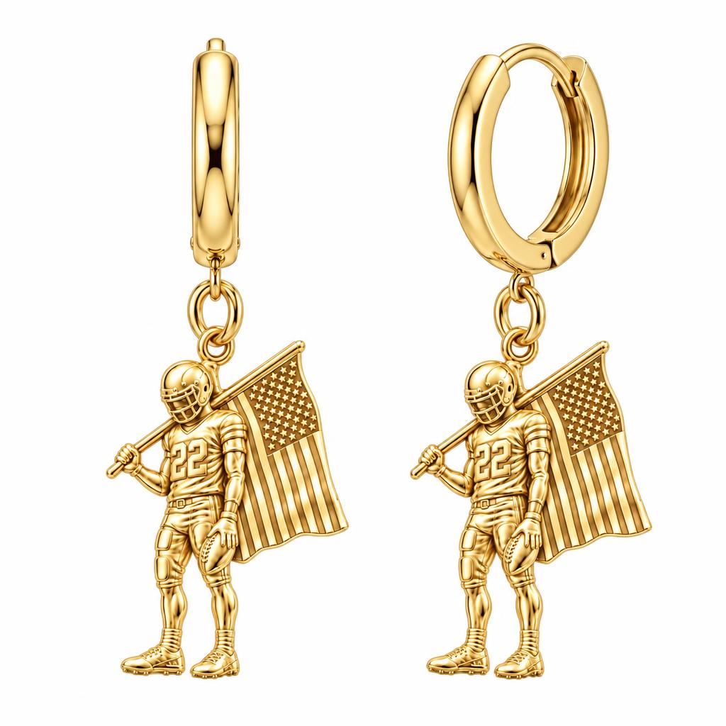 American Gridiron Pride Huggie Charm Earrings – 18K gold, front view