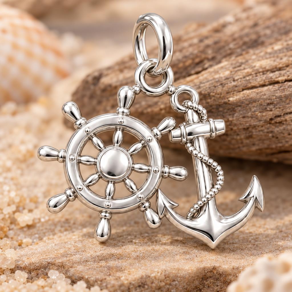 Anchor and Helm Charm Bracelet – Personalized Sailor Gift – macro detail of the charm