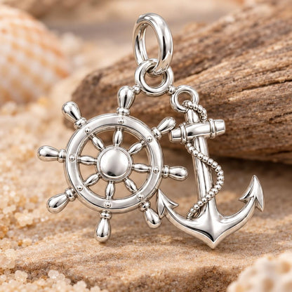 Anchor and Helm Charm Bracelet – Personalized Sailor Gift – macro detail of the charm