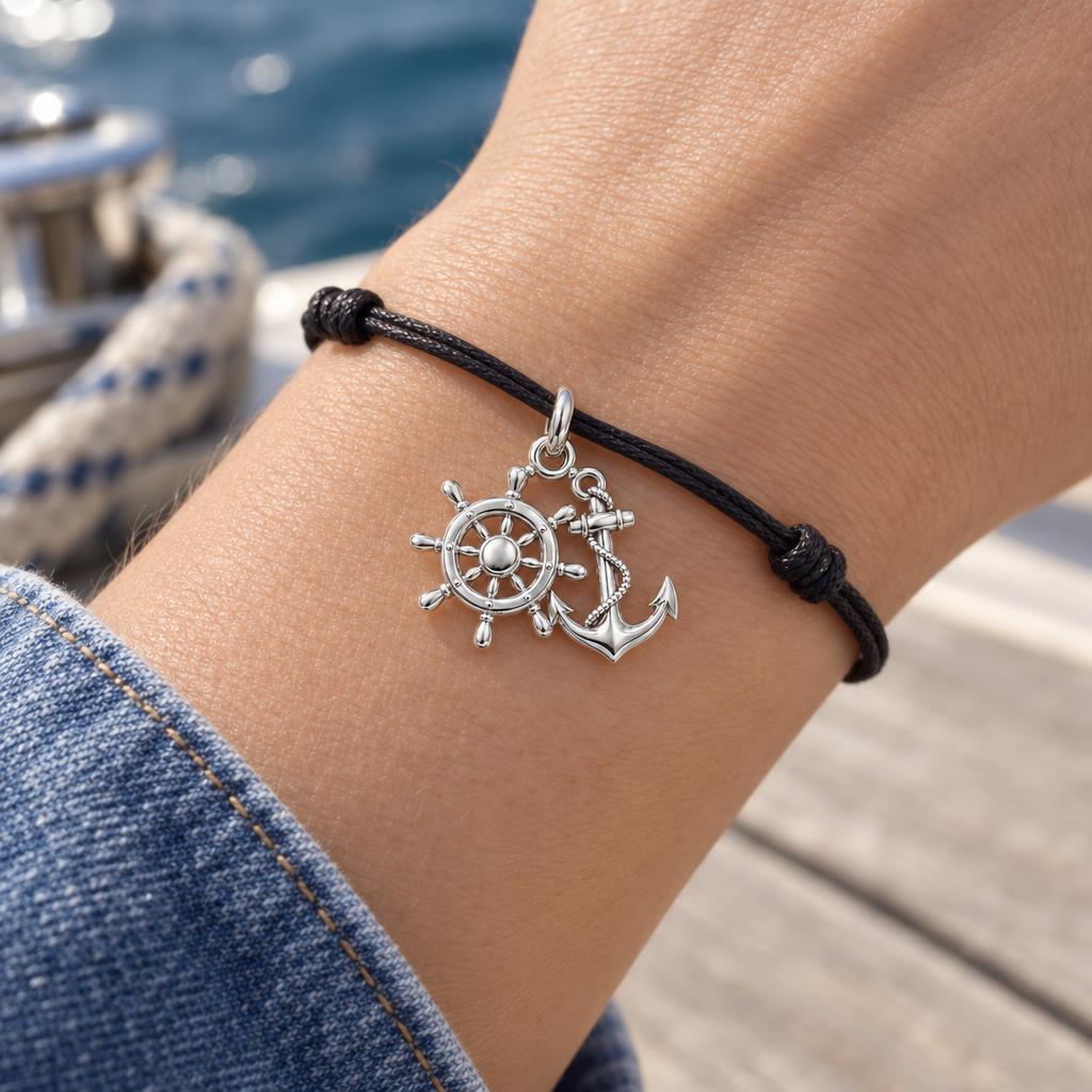 Anchor and Helm Charm Bracelet – Personalized Sailor Gift – worn on the wrist on a black cord bracelet
