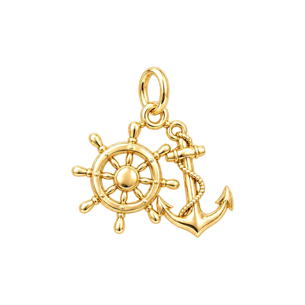 Anchor and Helm Charm Bracelet – Personalized Sailor Gift – 18K gold plated 2 cm charm, front view