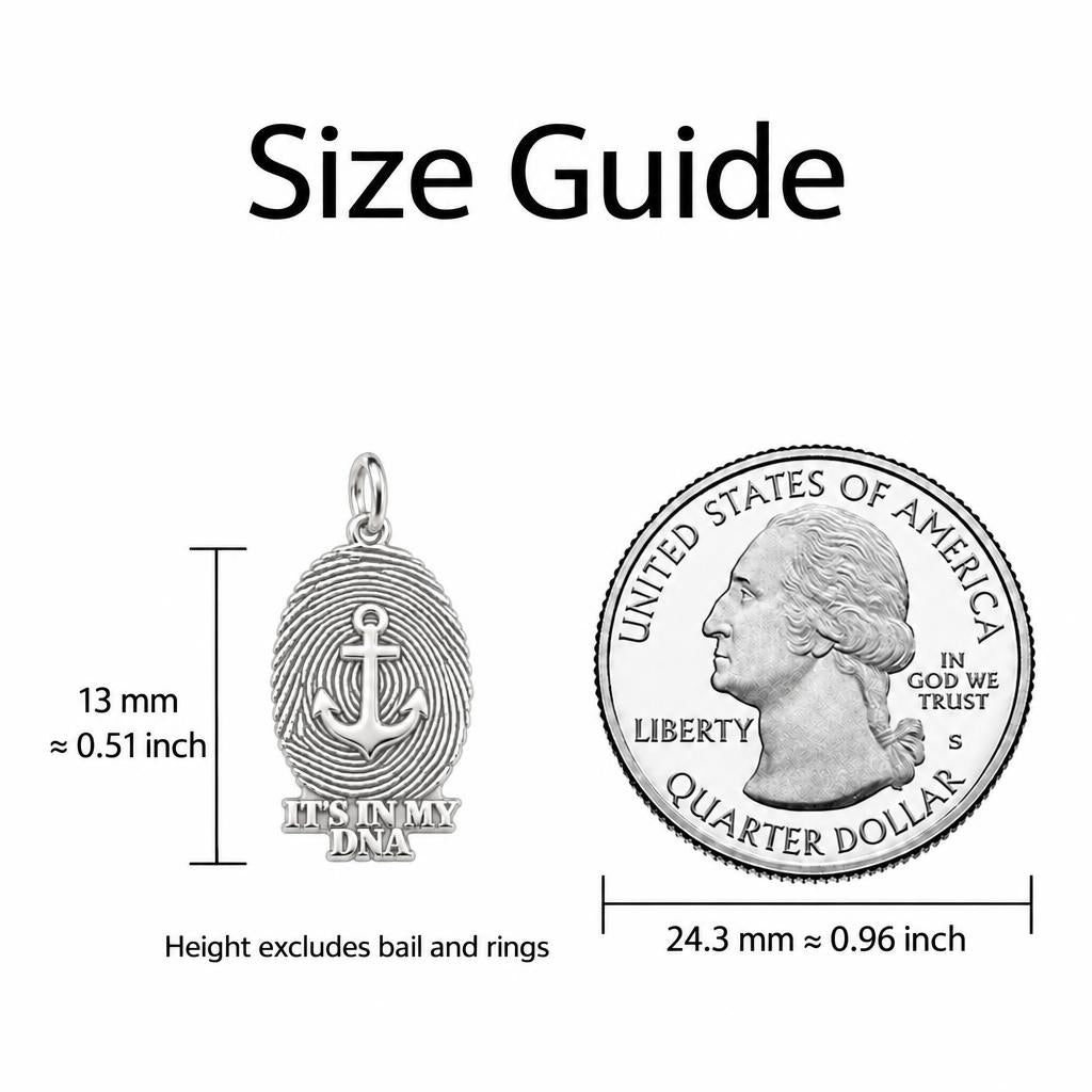 Anchor Fingerprint Charm Bracelet – Personalized Veteran Gift – size guide, 13 mm charm next to a quarter